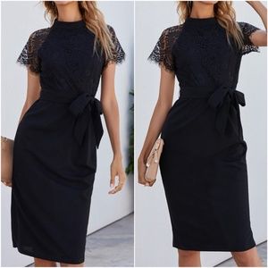 classic black lace sheer short sleeve belted dress